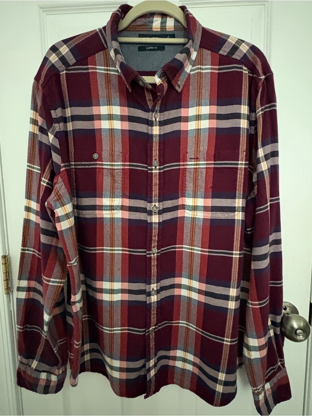 Nautica Men's Red and Navy Plaid Button-Down Shirt #050